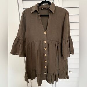 Zara Brown Button-Front Tiered Linen-Blend Mini Dress